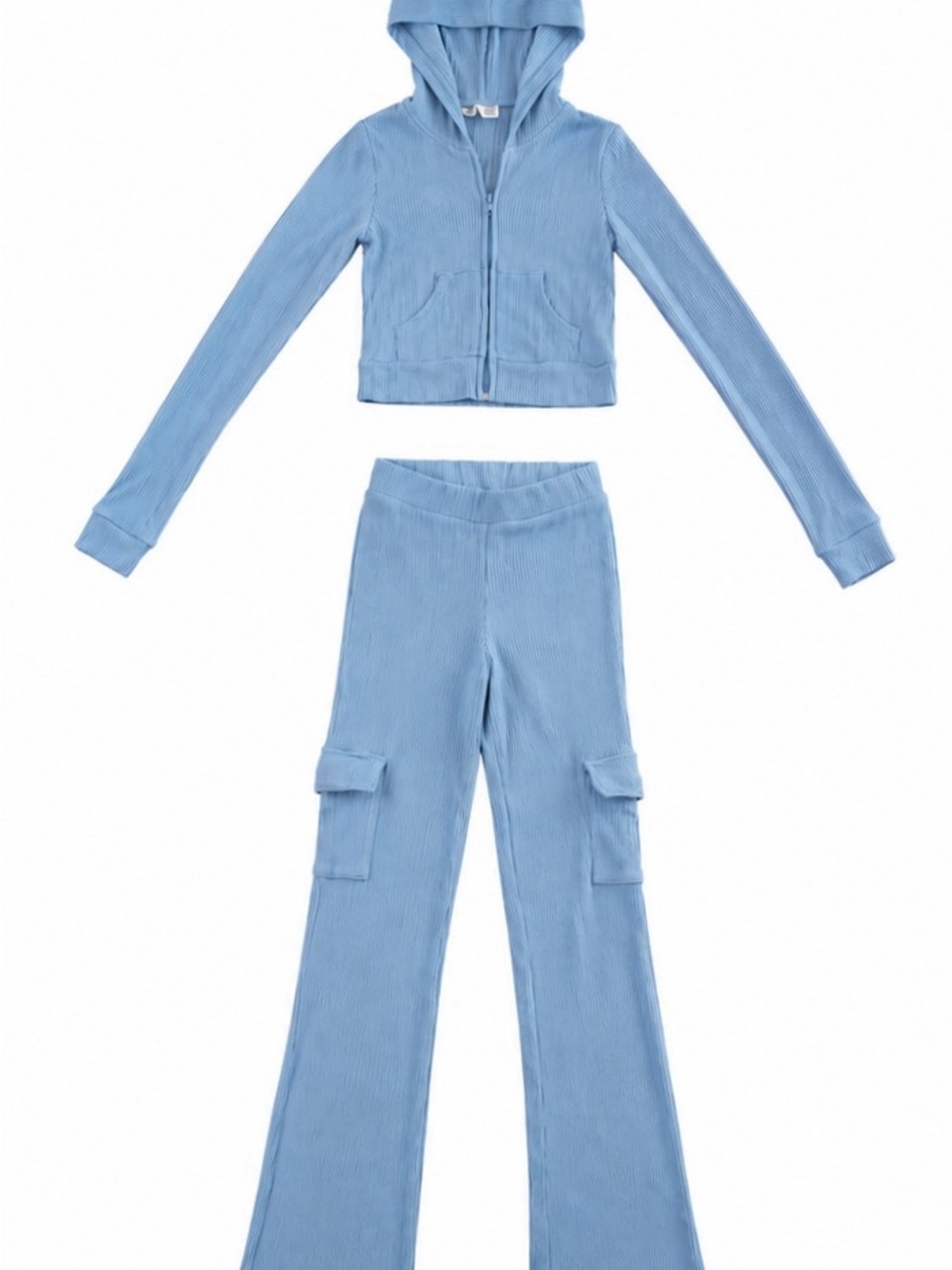 No Boundaries Ribbed Lounge Set Blue Cargo Flare Pants & Zip Hoodie XXS Y2K